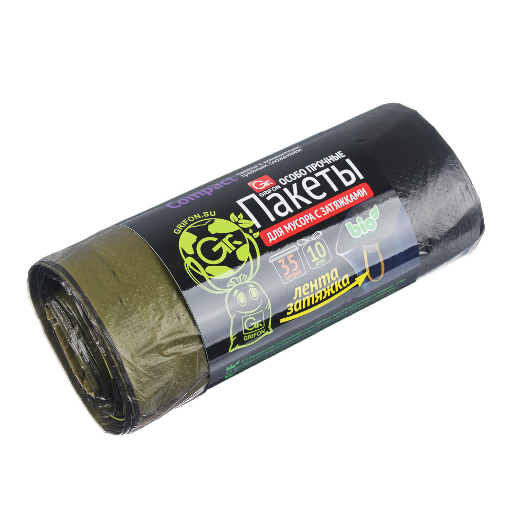 GRIFON Мешки для мусора БИО 35 л., 10 шт. с завязками, стандарт особо прочные, рулон, арт.№ 449-050