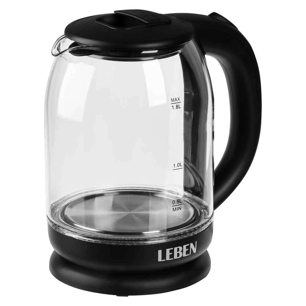 Чайник электрический, 1,8 л, 1500 Вт, стекло, черный (с индикатором включения), арт.№ 291-145
