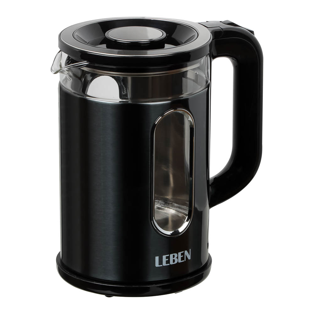 LEBEN Чайник электрический 1,8л, 1500Вт, стеклянная колба, металл, пластик, серый, арт.№ 291-143