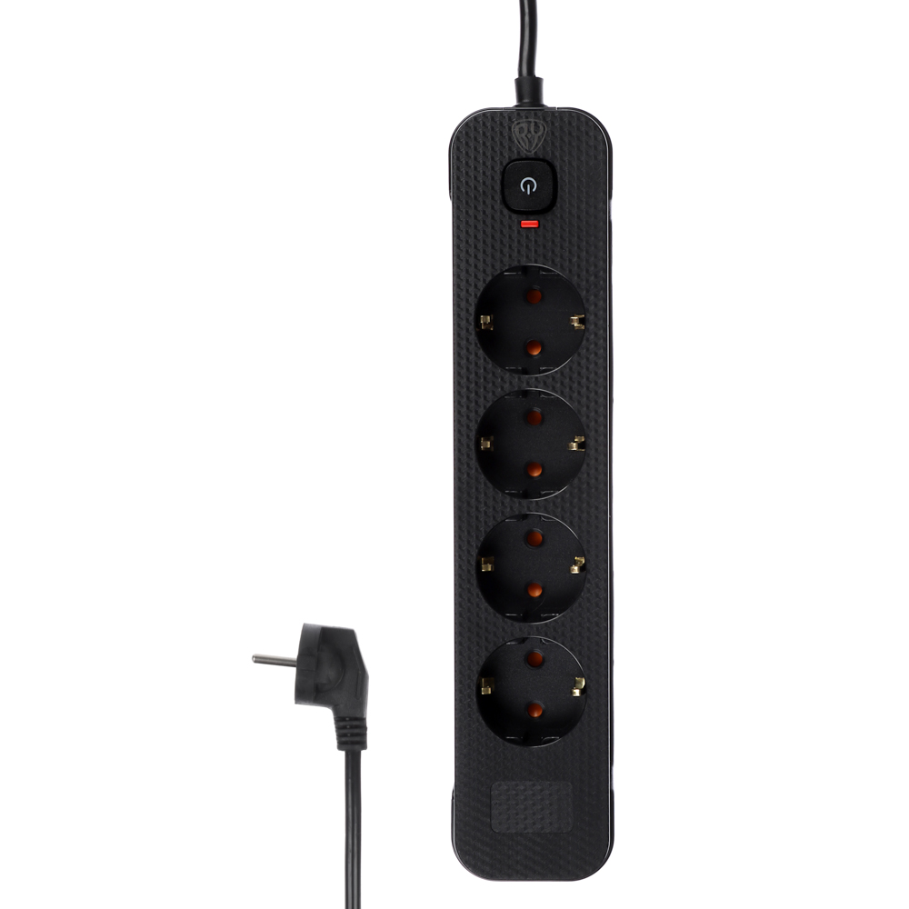 Удлинитель 4 гнезда 3м BY,с зазем. с защитой от перегрузки с выкл.черный карбон сеч провода 1мм, арт.№ 907-318