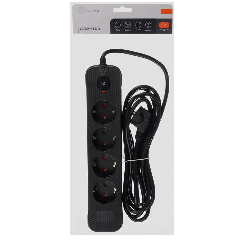 Удлинитель 4 гнезда 3м BY,с зазем. с защитой от перегрузки с выкл.черный карбон сеч провода 1мм, арт.№ 907-318