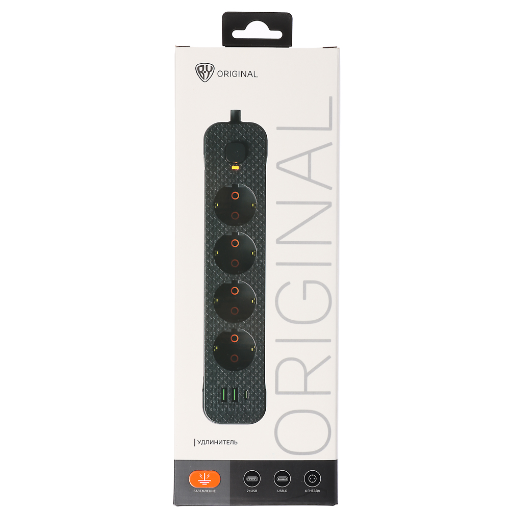 Удлинитель 4 гнезда 3м BY, с зазем. + 2USB+ 1type C с защ., с выкл. черн. карбон сеч провода 1мм, арт.№ 907-273