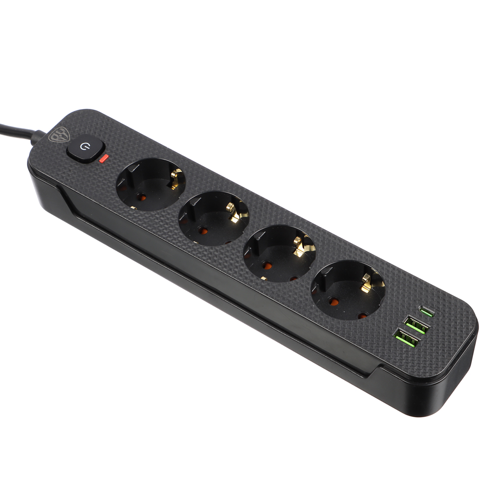 Удлинитель 4 гнезда 3м BY, с зазем. + 2USB+ 1type C с защ., с выкл. черн. карбон сеч провода 1мм, арт.№ 907-273
