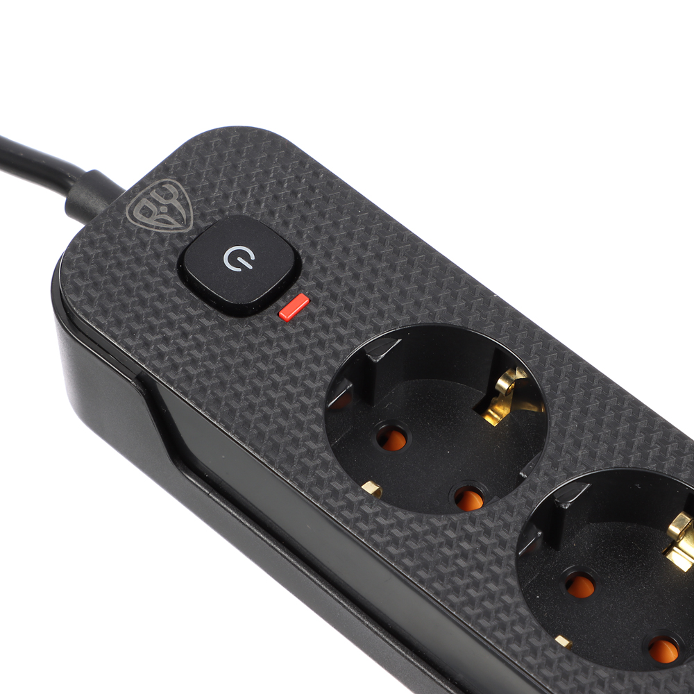 Удлинитель 4 гнезда 3м BY, с зазем. + 2USB+ 1type C с защ., с выкл. черн. карбон сеч провода 1мм, арт.№ 907-273