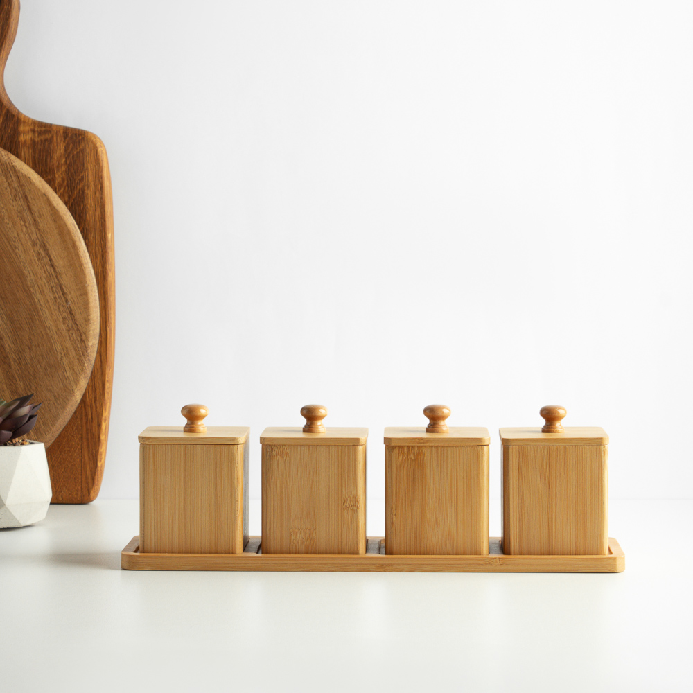 SATOSHI Набор банок для специй с крышками на подставке (7х7х10см – 4шт.), бамбук, арт.№ 883-545