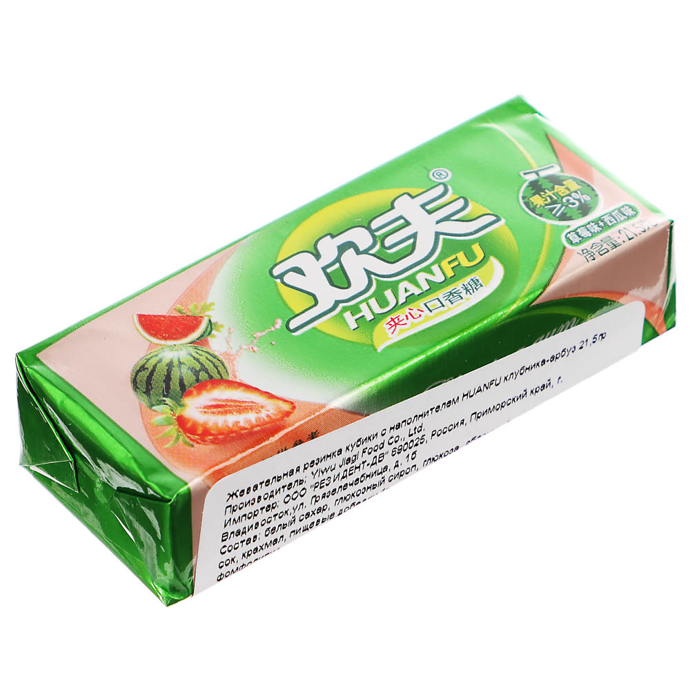 Жевательная резинка кубики с наполнителем HUANFU, 21,5 гр, клубника-арбуз, арт.№ 347-450