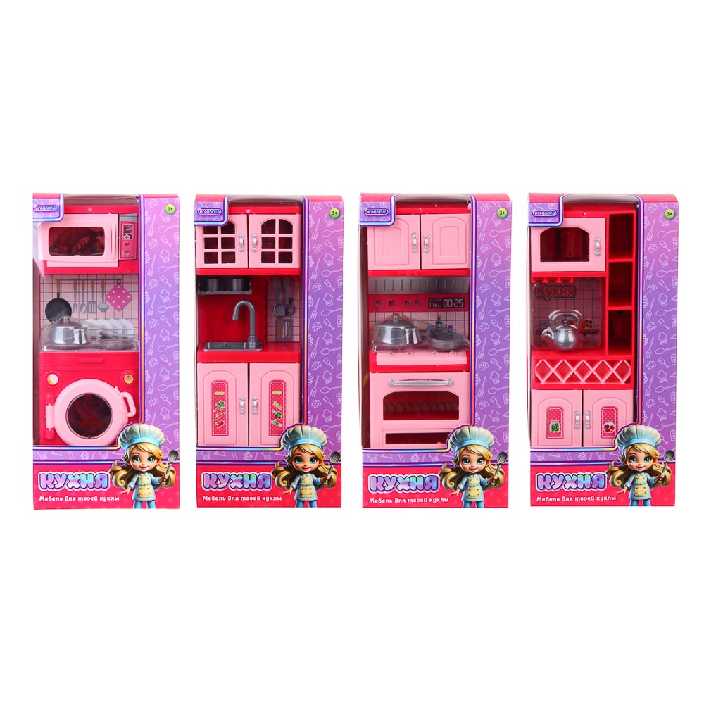 ИГРОЛЕНД Мебель для кукол, кухня с акс., ABS, PP, 11,1х5,3х23,6 см, 4 вида, арт.№ 278-118