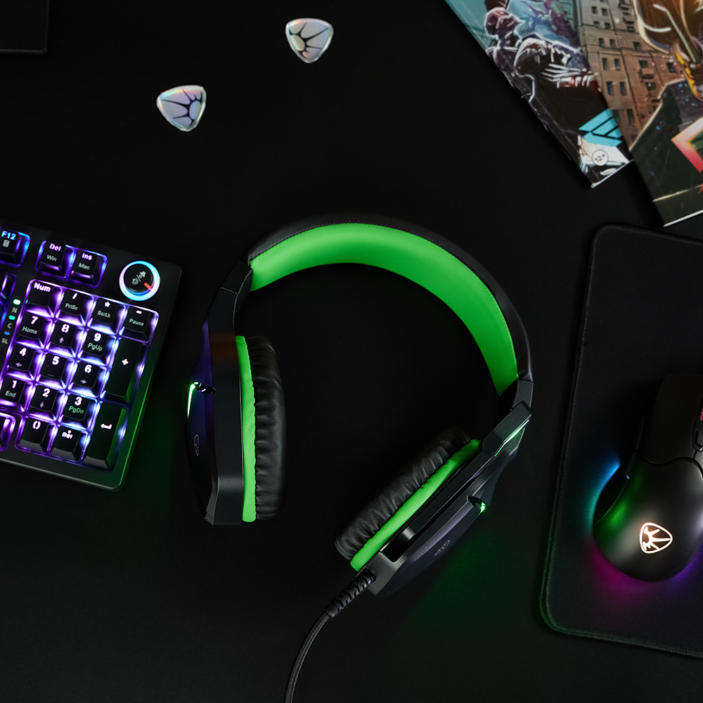 Наушники проводные с микрофоном игровые BY Bascinet USB 3,2 м, зелёная подсветка, арт.№ 410-087