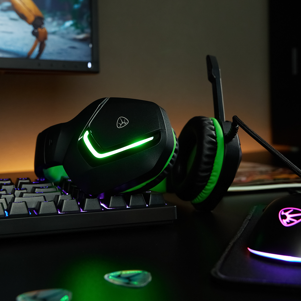 Наушники проводные с микрофоном игровые BY Bascinet USB 3,2 м, зелёная подсветка, арт.№ 410-087