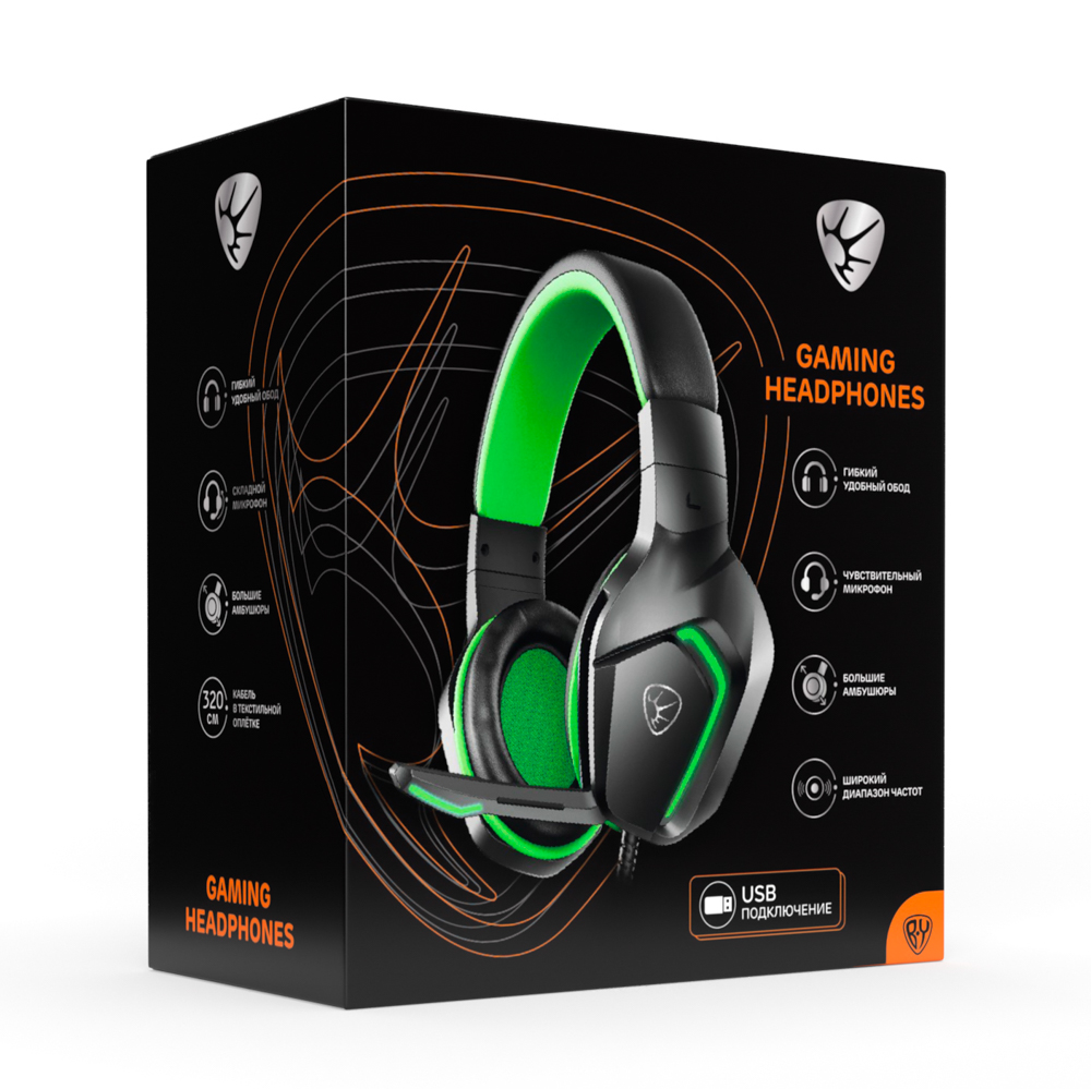 Наушники проводные с микрофоном игровые BY Bascinet USB 3,2 м, зелёная подсветка, арт.№ 410-087