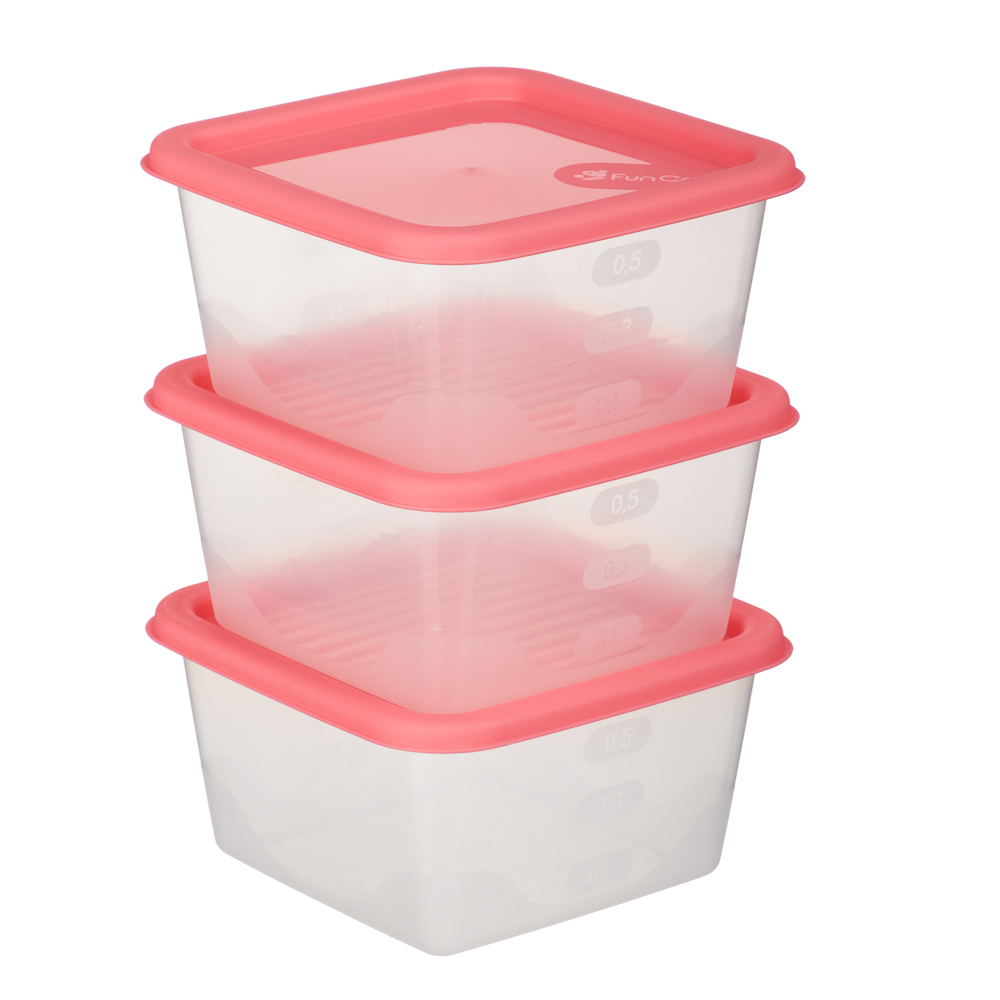 Набор контейнеров пищевых квадратных, 3шт, 0,63л, пластик, 3 цвета, арт.№ 861-547