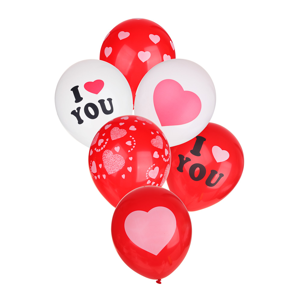 Набор шаров воздушных с рисунком Сердца, 6 шт, латекс, 12", 6 видов, арт.№ 518-002