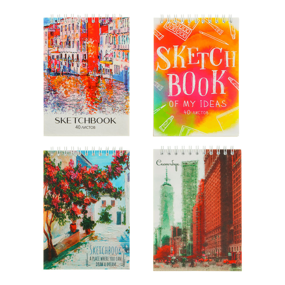 Скетчбук А6, 14,5х14,5см, 40л. обл.картон, блок 100г/м2, спираль сверху, тв. подложка, 4 дизайна, арт.№ 515-027
