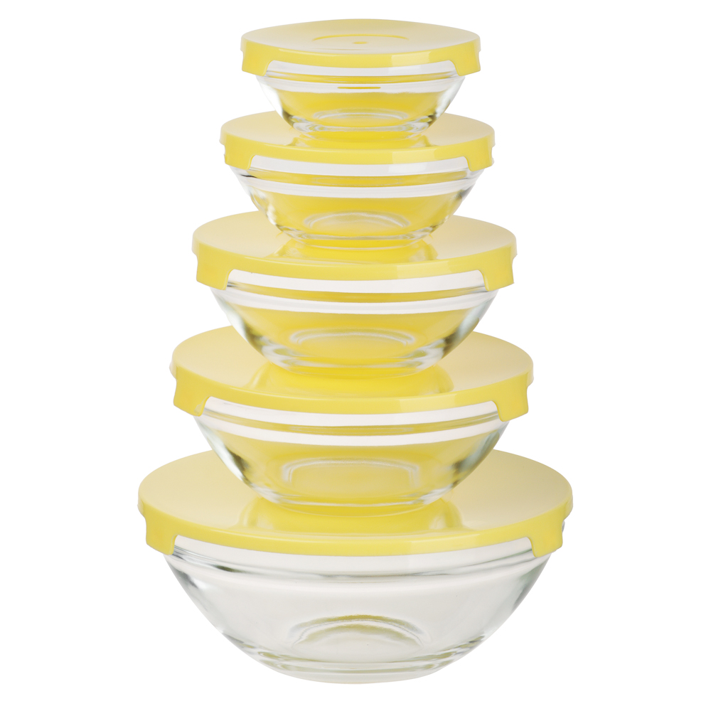 MILLIMI Набор салатников с крышкой 5 шт: 900/ 500/350/200/130 мл, стекло, пластик, желтый, арт.№ 878-607