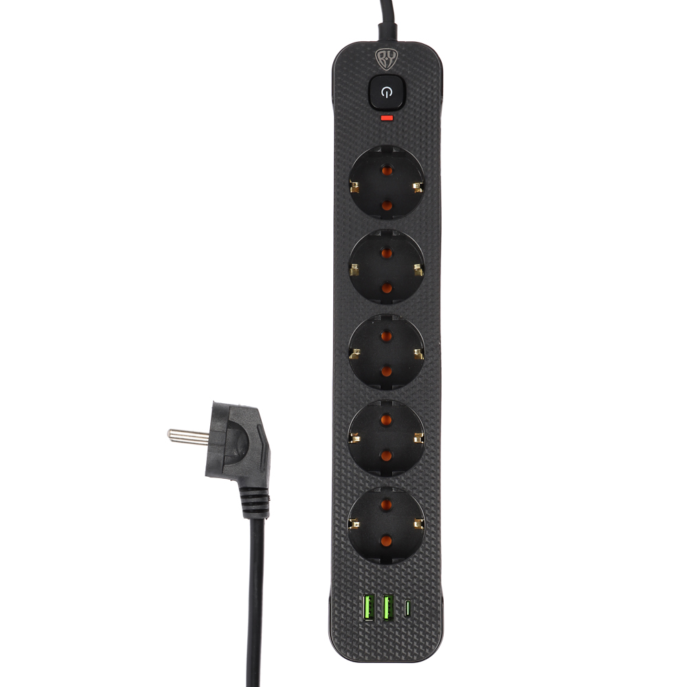 Удлинитель 5 гнезд 3м, BY, с зазем. + 2USB+ 1type C с защитой, с выкл.черн карбон сеч провода 1мм, арт.№ 907-274