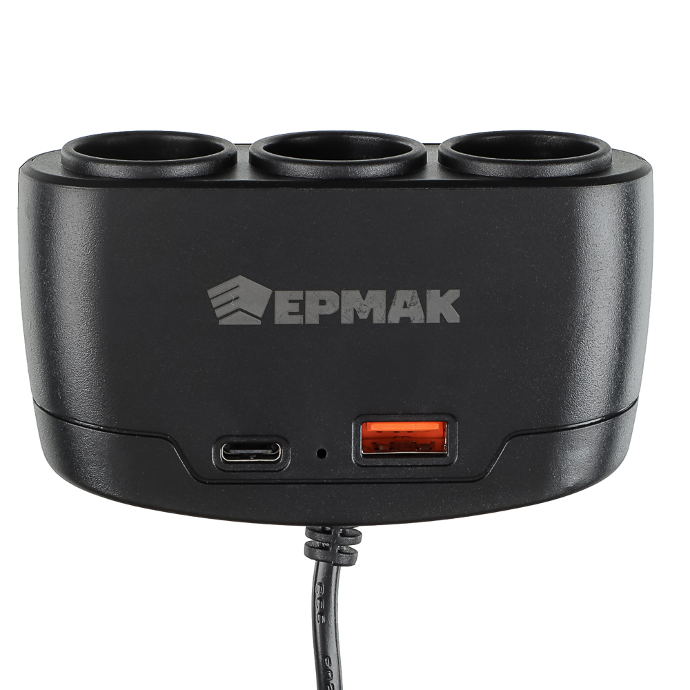 ЕРМАК Разветвитель прикуривателя, 3 выхода +1 USB, 60 W, 2.1А,12/24В, пластик, арт.№ 738-019
