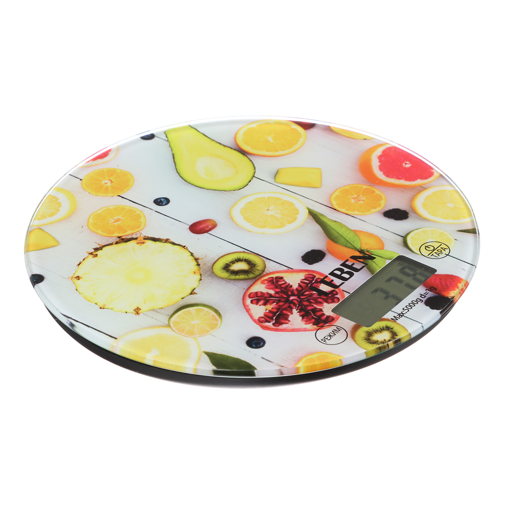 LEBEN Весы кухонные электронные, стекло с дизайном, круг, макс.нагр. 5кг (точн.измер. 1гр), арт.№ 268-063