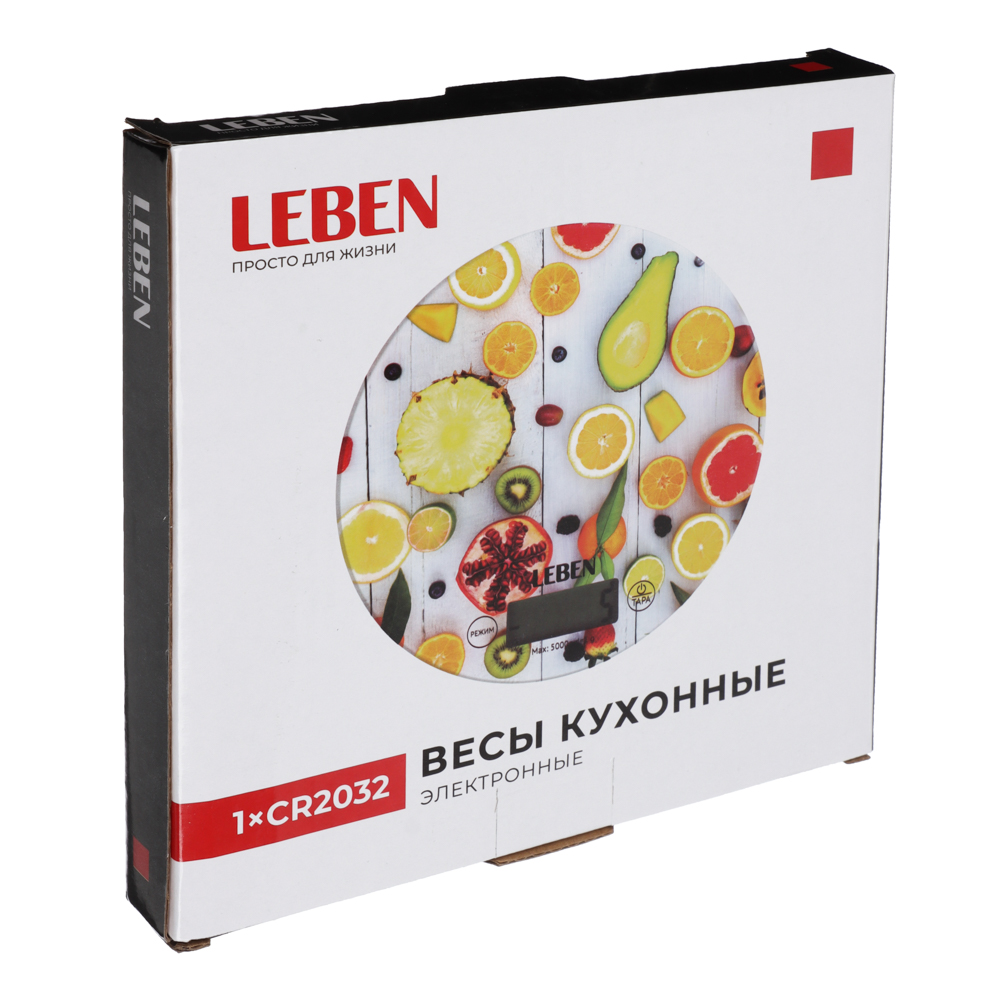 LEBEN Весы кухонные электронные, стекло с дизайном, круг, макс.нагр. 5кг (точн.измер. 1гр), арт.№ 268-063