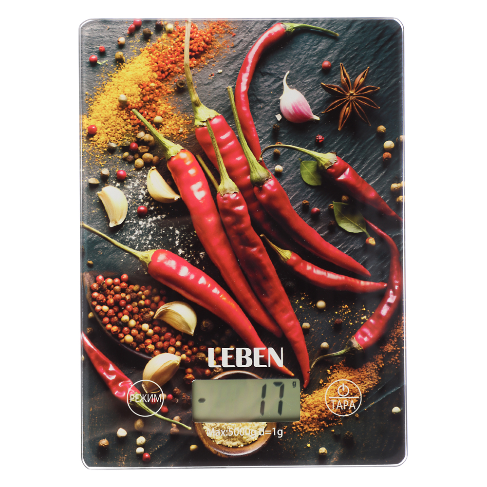 LEBEN Весы кухонные электронные, прямоуг., стекло с дизайном, макс.нагр. 5кг (точн.измер. 1гр), арт.№ 268-064
