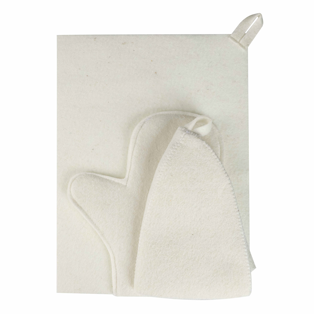 Набор банный ЭКОНОМ 3 предмета (шапка, коврик, рукавица) в пакете, войлок белый/серый, арт.№ 364-270