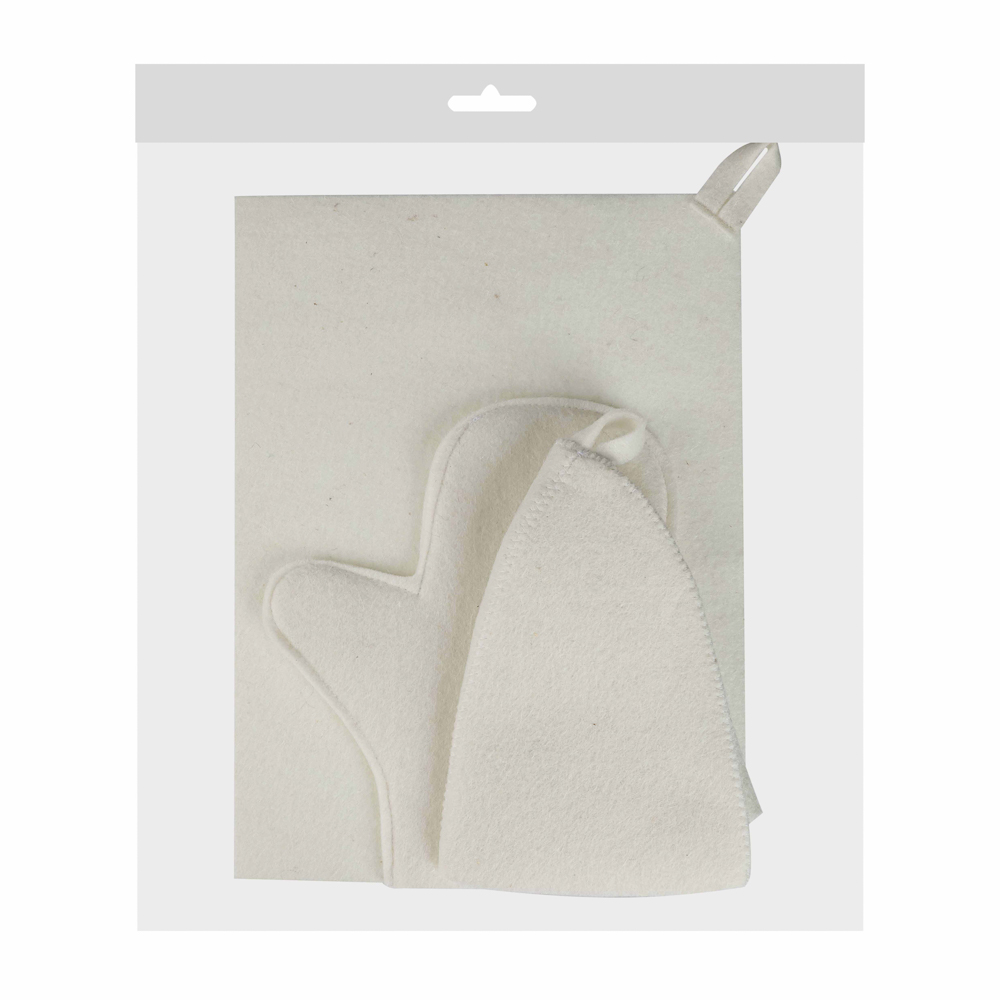 Набор банный ЭКОНОМ 3 предмета (шапка, коврик, рукавица) в пакете, войлок белый/серый, арт.№ 364-270