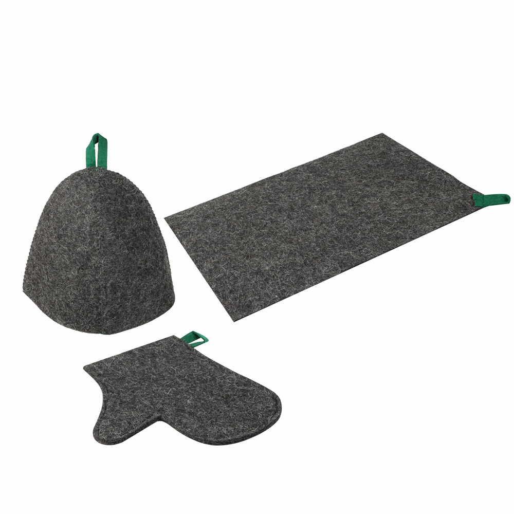 Набор банный ЭКОНОМ 3 предмета (шапка, коврик, рукавица) в пакете, войлок белый/серый, арт.№ 364-270