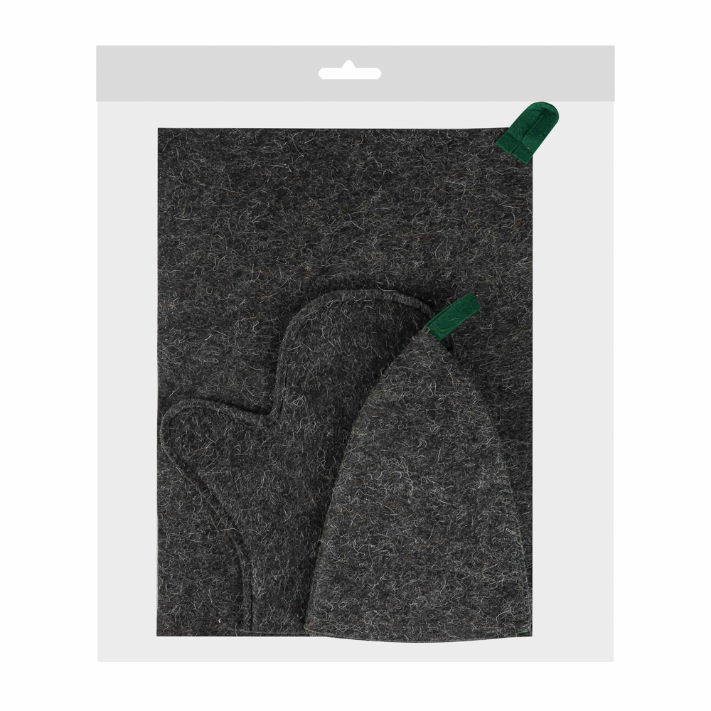 Набор банный ЭКОНОМ 3 предмета (шапка, коврик, рукавица) в пакете, войлок белый/серый, арт.№ 364-270