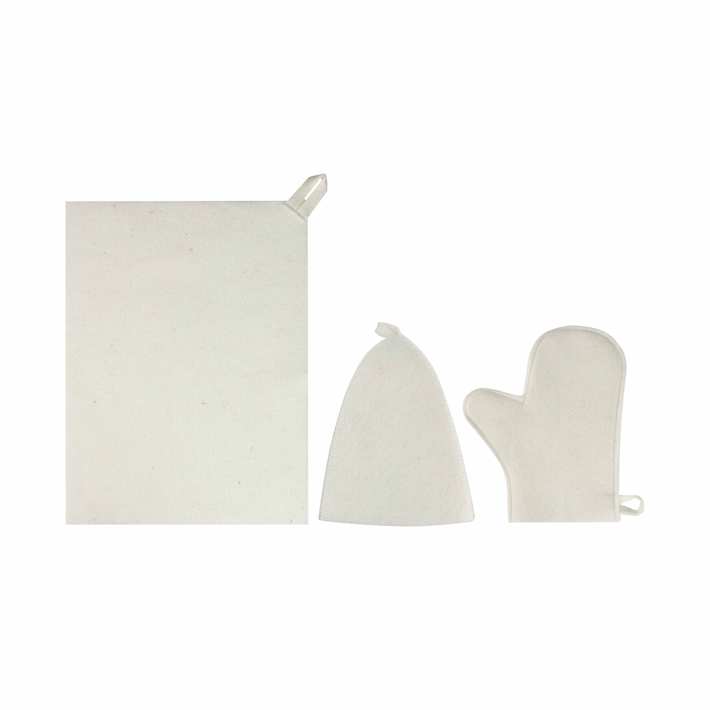 Набор банный ЭКОНОМ 3 предмета (шапка, коврик, рукавица) в пакете, войлок белый/серый, арт.№ 364-270