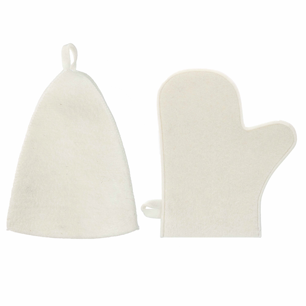 Набор банный ЭКОНОМ 2 предмета без вышивки (рукавица, шапка) в пакете, войлок белый/серый, арт.№ 364-271