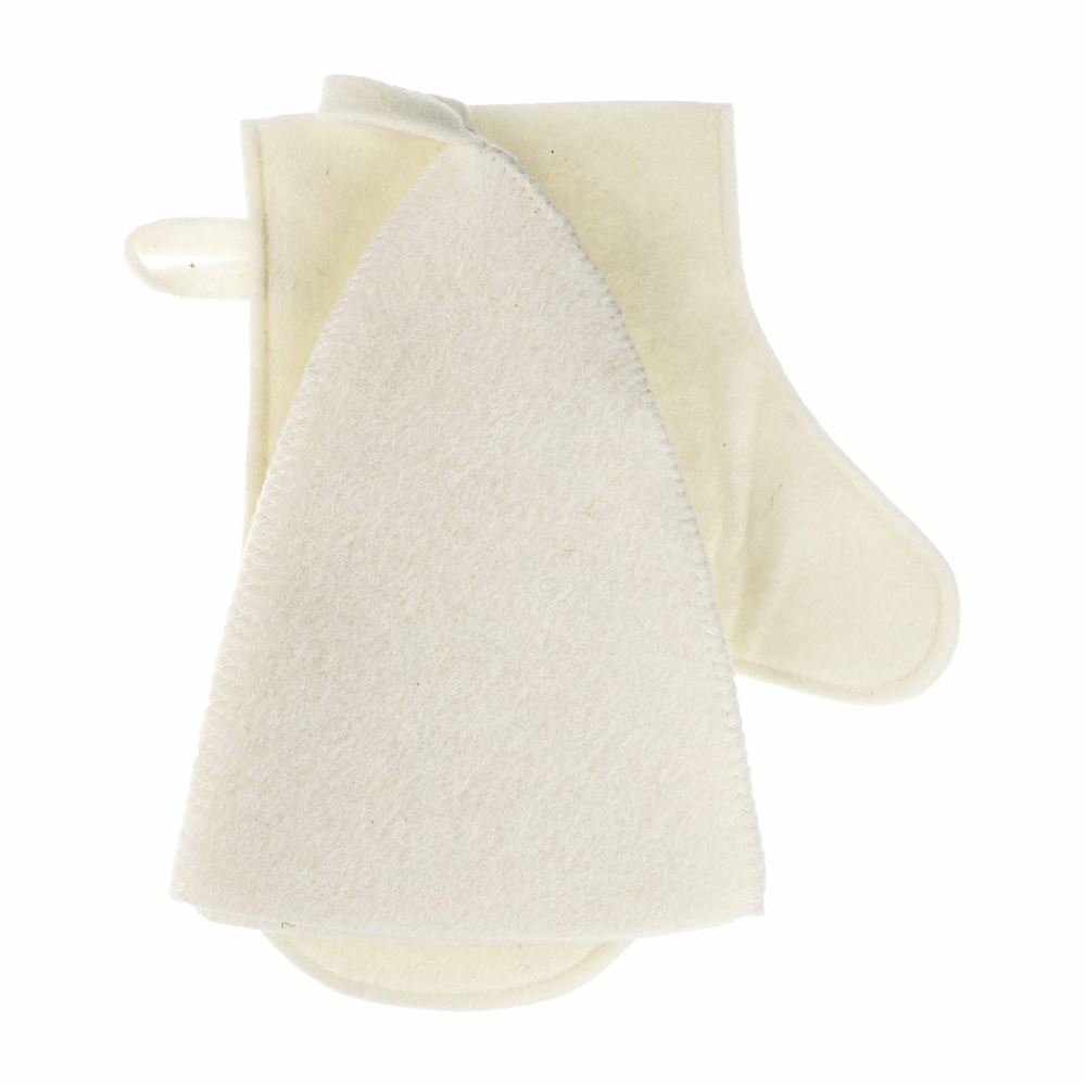 Набор банный ЭКОНОМ 2 предмета без вышивки (рукавица, шапка) в пакете, войлок белый/серый, арт.№ 364-271