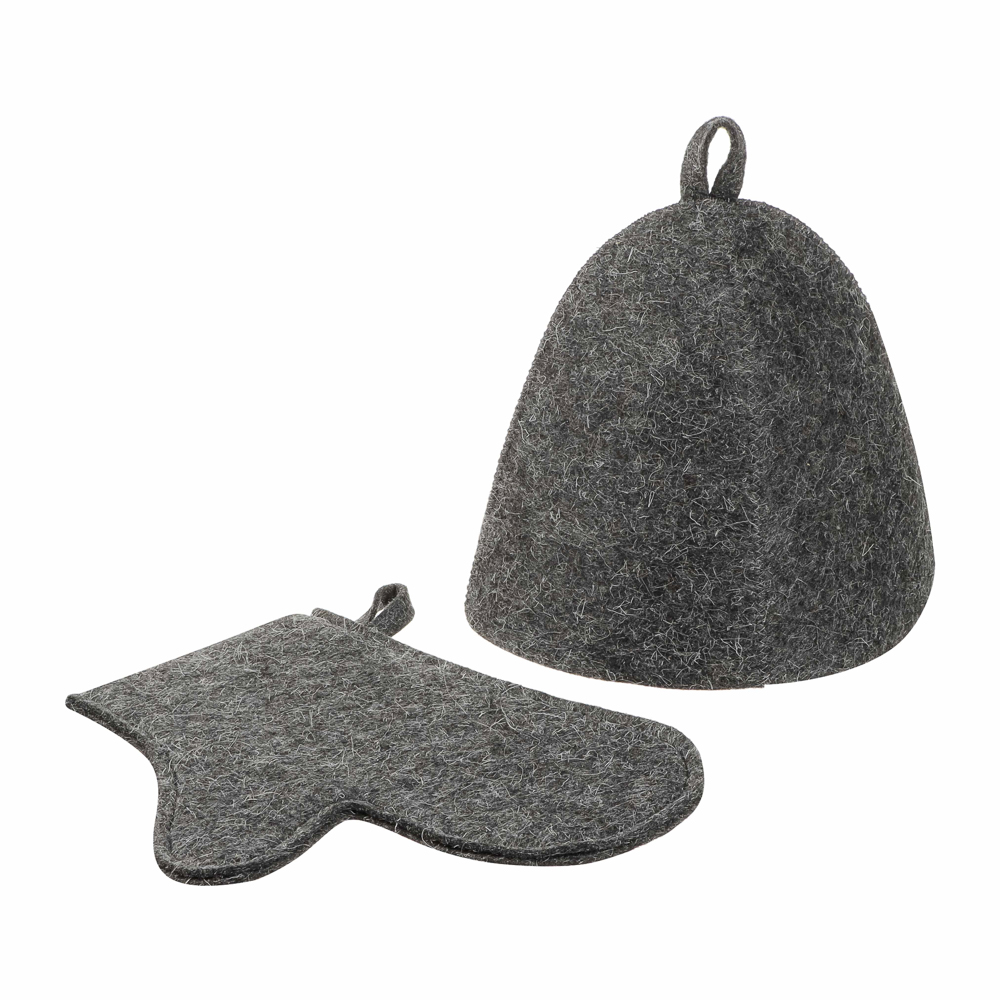 Набор банный ЭКОНОМ 2 предмета без вышивки (рукавица, шапка) в пакете, войлок белый/серый, арт.№ 364-271