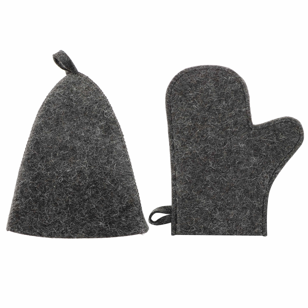 Набор банный ЭКОНОМ 2 предмета без вышивки (рукавица, шапка) в пакете, войлок белый/серый, арт.№ 364-271