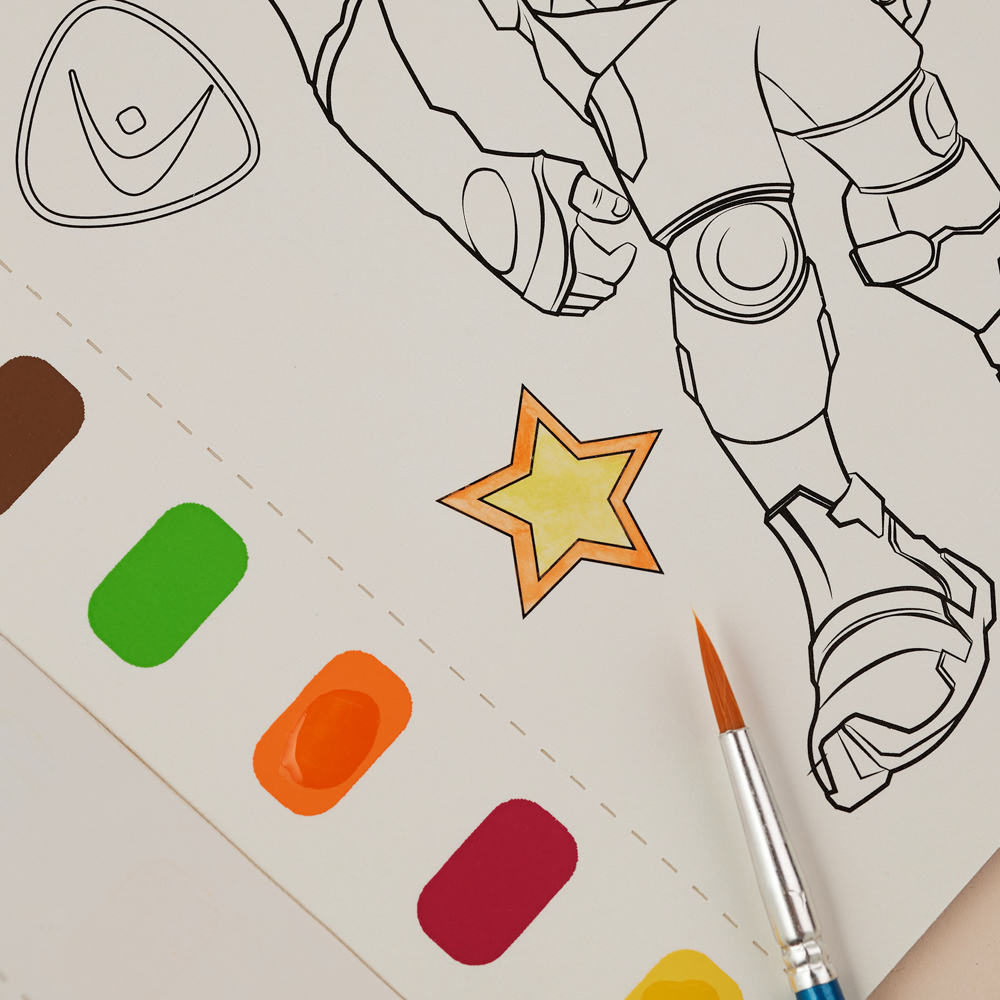 BY Русские Супергерои Раскраска, 14,8х21см, с акварелью 9цв.на листе, 6л.,перфорация,кисть,"Джуниор", арт.№ 231-002