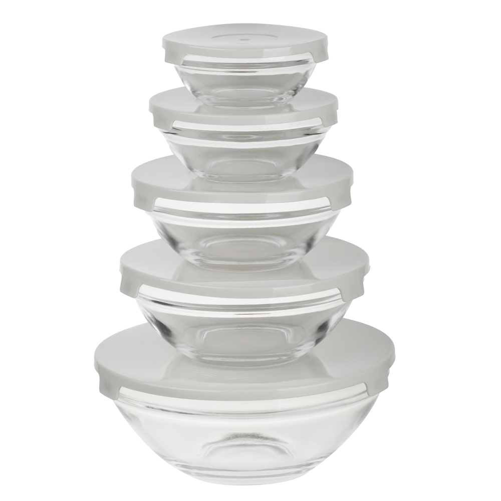 MILLIMI Набор салатников с крышкой 5 шт: 900/ 500/350/200/130 мл, стекло, пластик,  серый, арт.№ 878-609