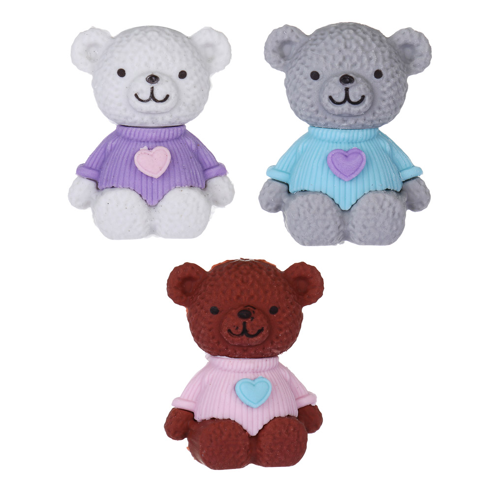 Ластик фигурный в форме медвежонка, 3,9х3х1,6см, ТПР, 3 дизайна, арт.№ 607-074