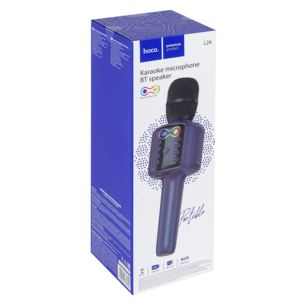 Микрофон беспроводной hoco. модель L24, 1200мАч, BT5.4, AUX, USB-A, Miscro-SD, синий, арт.№ 443-202
