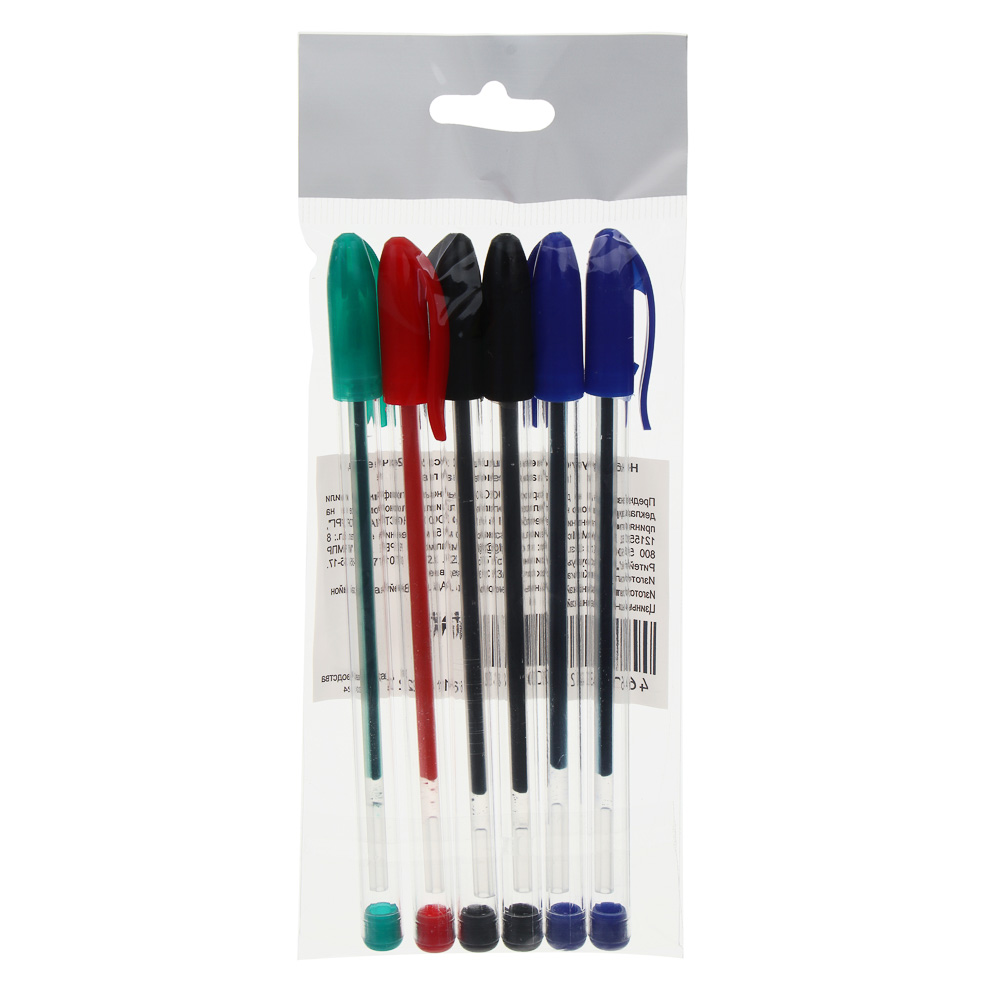 Набор ручек гелевых 6 штук (2 синие, 2 черные, 1 красная, 1 зеленая) в пакете, наконечник 0,6 мм, арт.№ 614-122