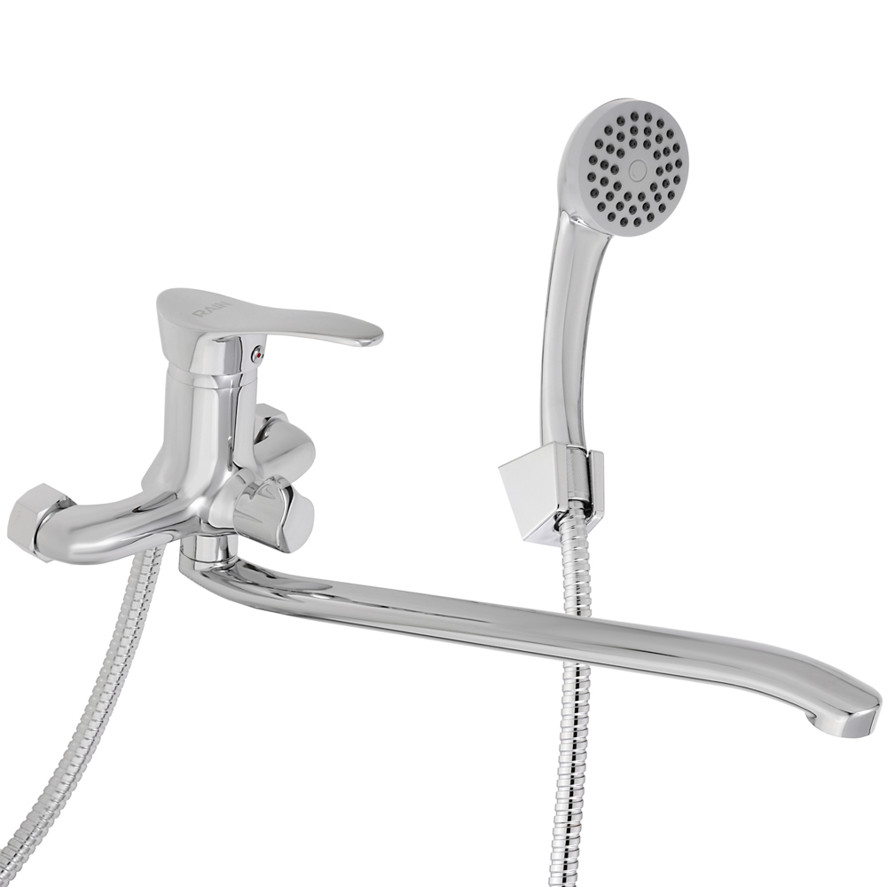 RAIN Смеситель для ванны Мира, изогнутый излив 35см, душ. набор, картридж 35мм, латунь, хром, арт.№ 561-307