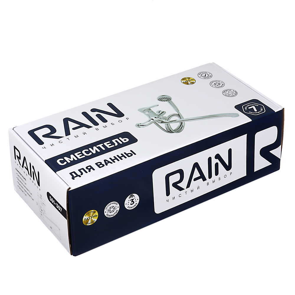 RAIN Смеситель для ванны Мира, изогнутый излив 35см, душ. набор, картридж 35мм, латунь, хром, арт.№ 561-307