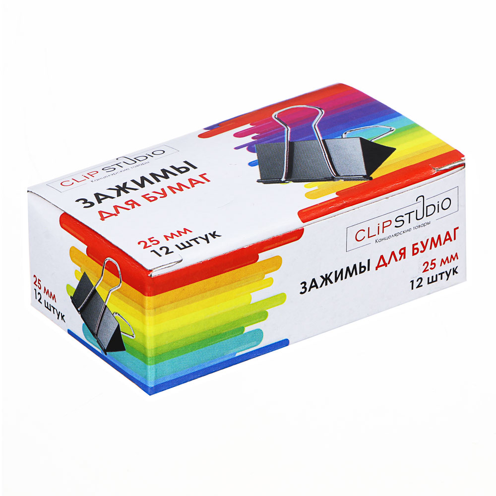 Зажимы для бумаг металлические ClipStudio 25мм черные, 12 штук в картонной коробке, арт.№ 588-007