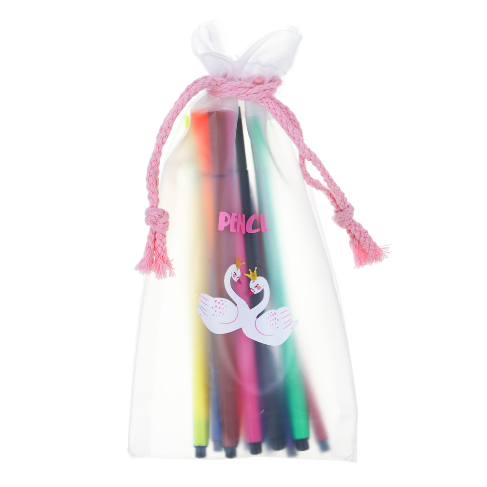 Пенал школьный в форме мешочка на завязках 22х10 см ЦАРЕВНА ЛЕБЕДЬ, 10 фломастеров в комплекте, ПВХ, пластик, арт.№ 524-226