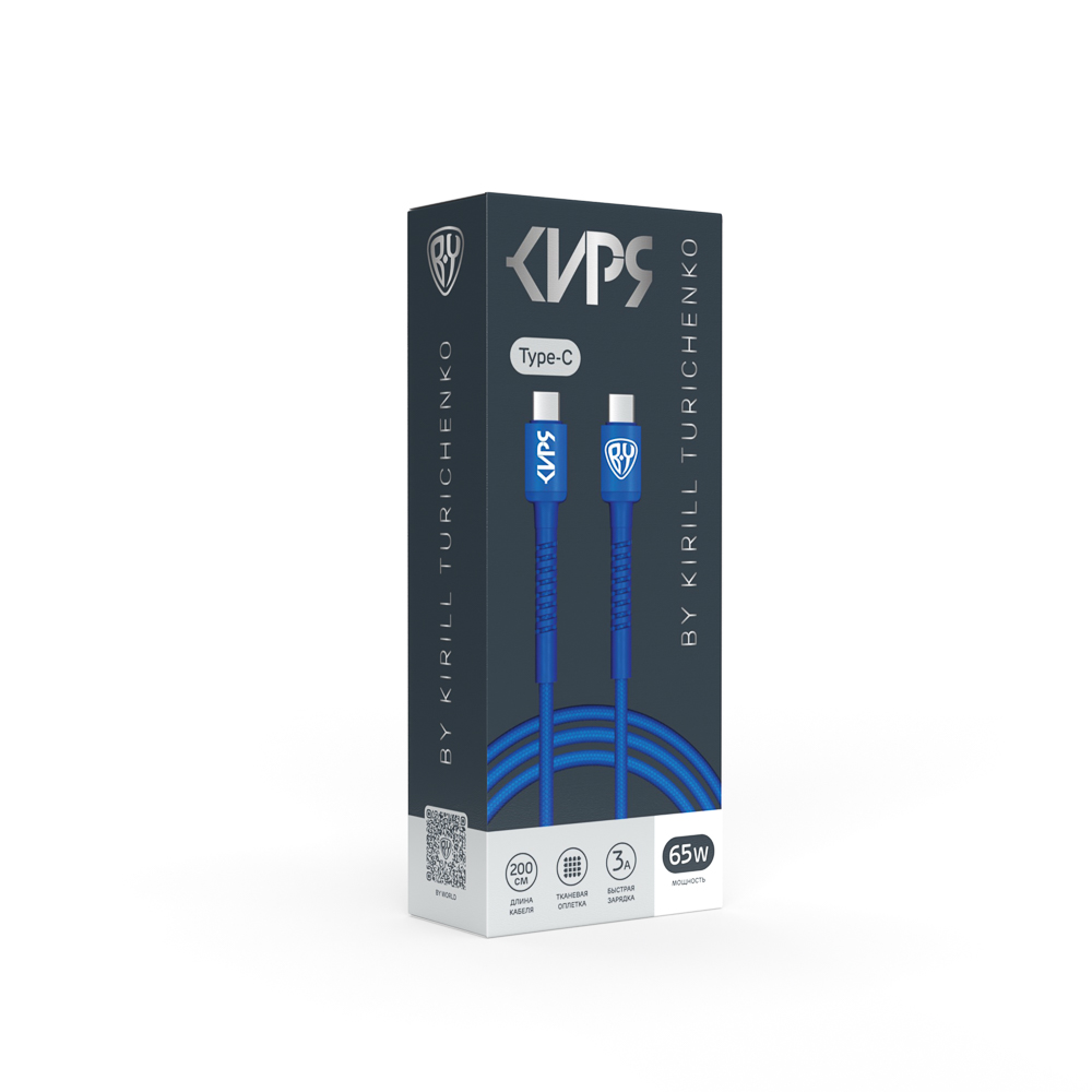 BY Киря Кабель для зарядки XXL Type-C-Type-C, 2м, Быстрая зарядка 3А, PD 65W, тканевый, синий, арт.№ 931-523