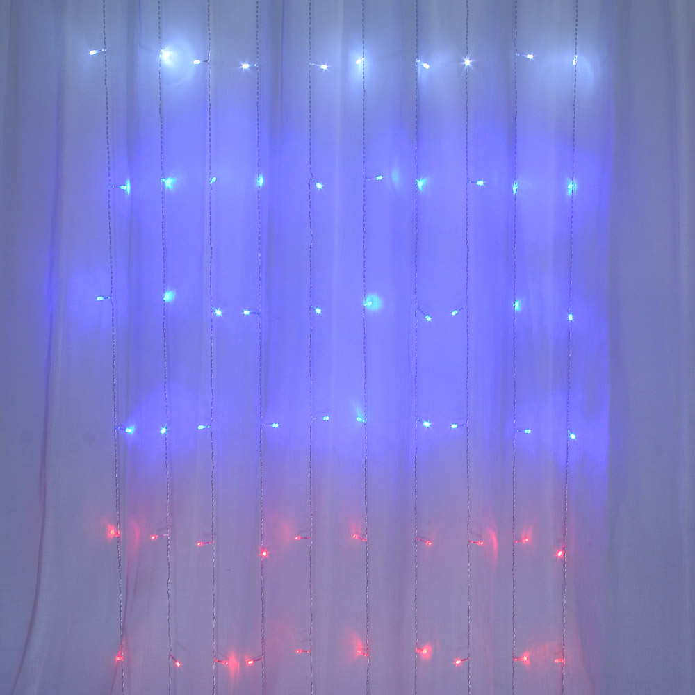 Гирлянда занавес 2х2 м СНОУ БУМ, 100 LED ламп, 10 нитей, постоянное свечение триколор, ПВХ провод прозрачный, 220В, арт.№ 382-099