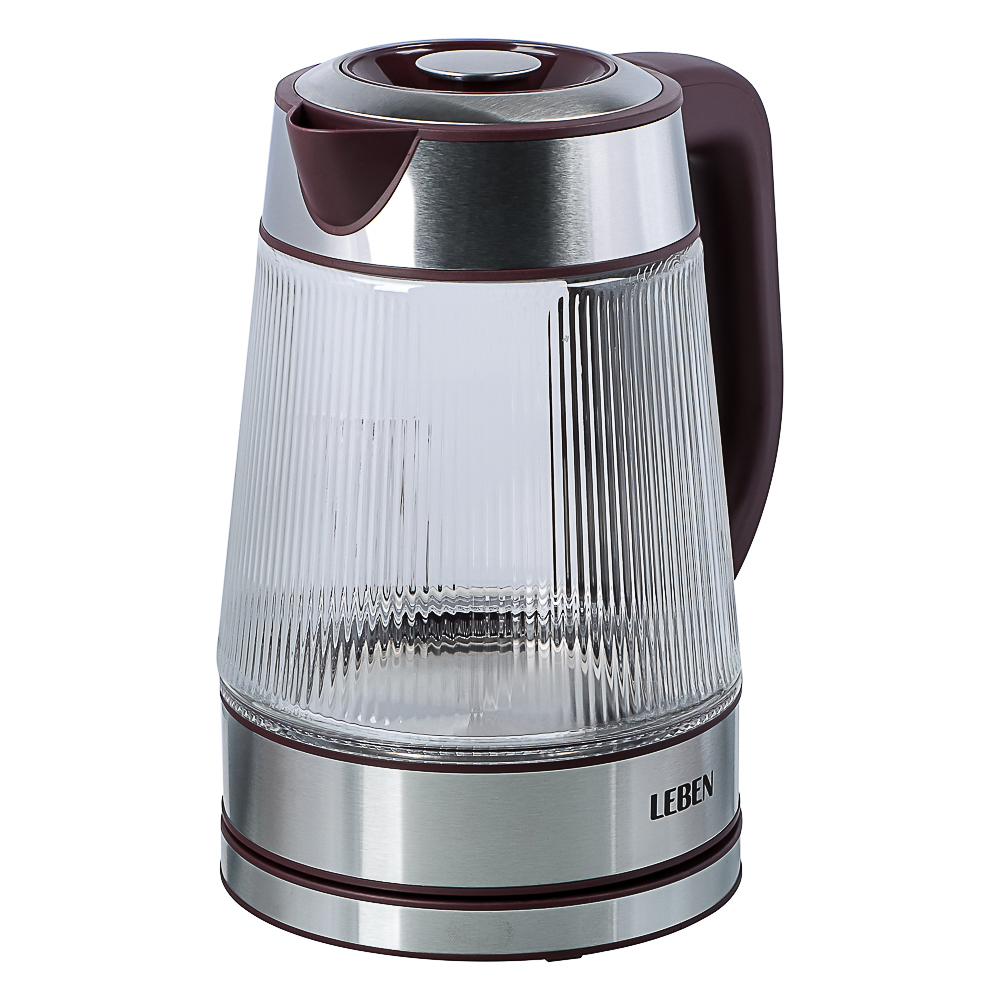 LEBEN Чайник электрический стеклянный 1,8л 1850 Вт рифленое стекло, бордовый, арт.№ 291-132