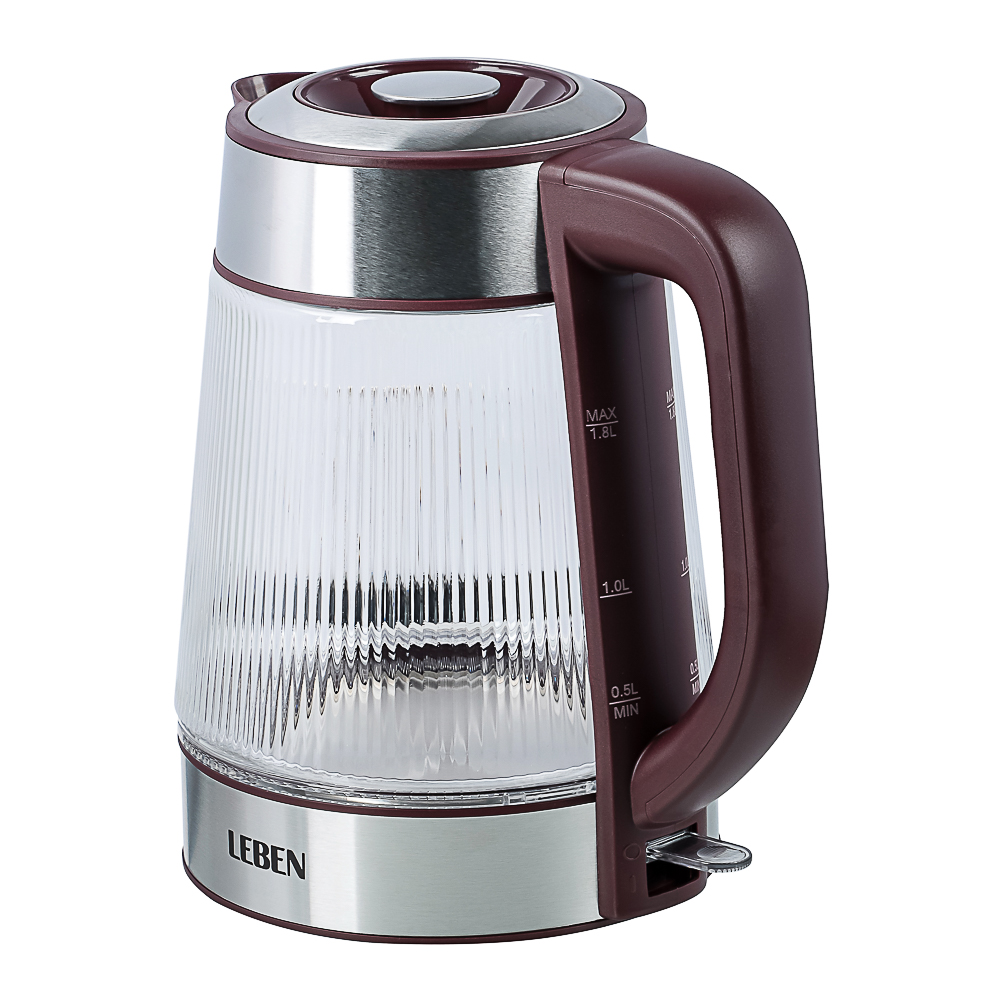 LEBEN Чайник электрический стеклянный 1,8л 1850 Вт рифленое стекло, бордовый, арт.№ 291-132