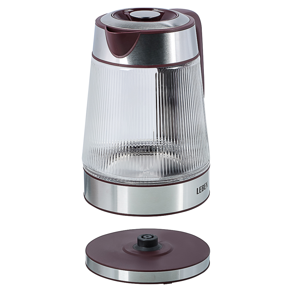 LEBEN Чайник электрический стеклянный 1,8л 1850 Вт рифленое стекло, бордовый, арт.№ 291-132