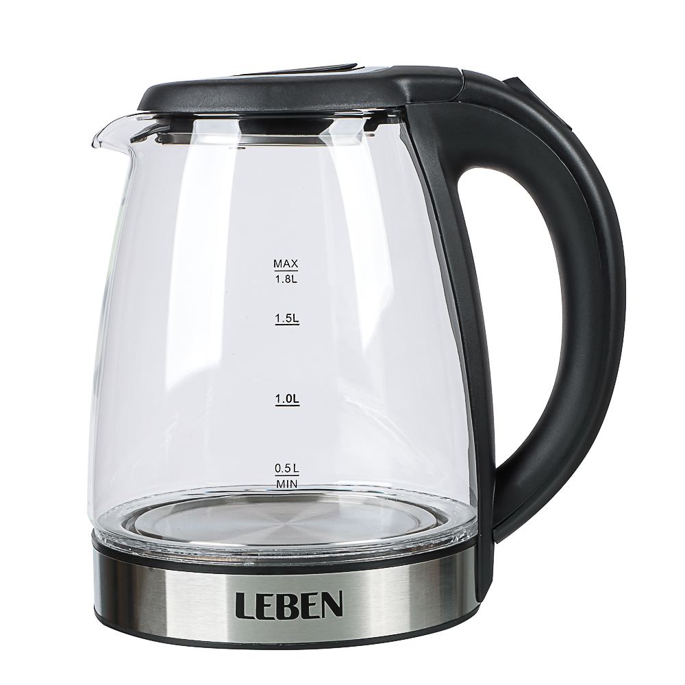 LEBEN Чайник электрический 1,8л стекло, черный, арт.№ 291-133