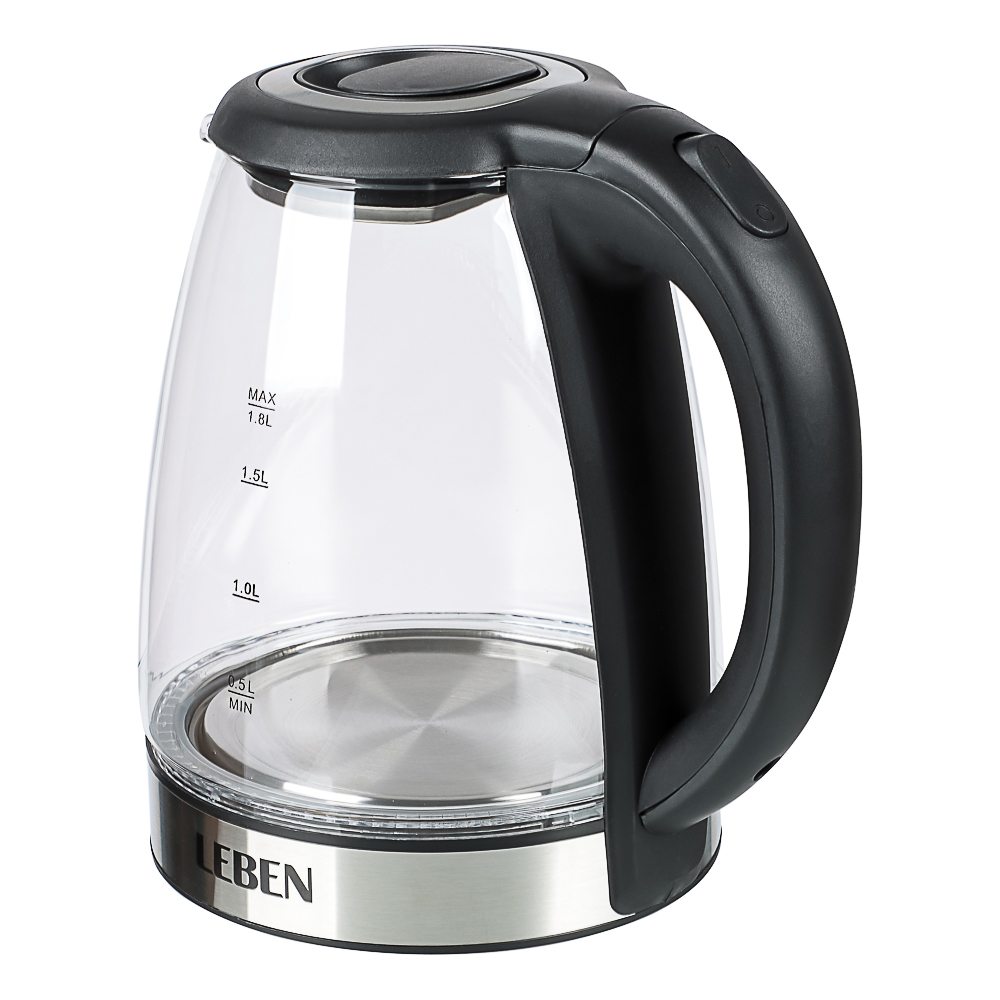 LEBEN Чайник электрический 1,8л стекло, черный, арт.№ 291-133