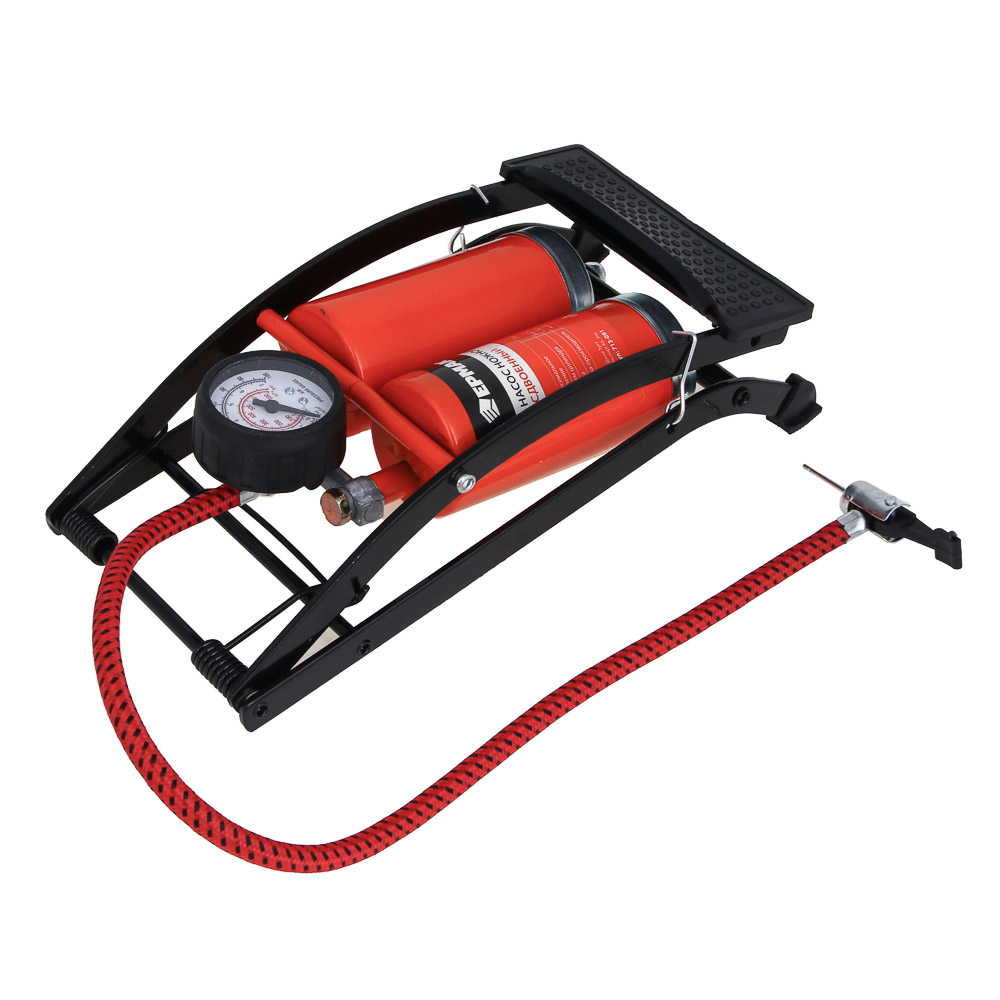 ЕРМАК Насос ножной, сдвоенный, манометр, 2x55x120мм, красный, Дабл, арт.№ 713-091