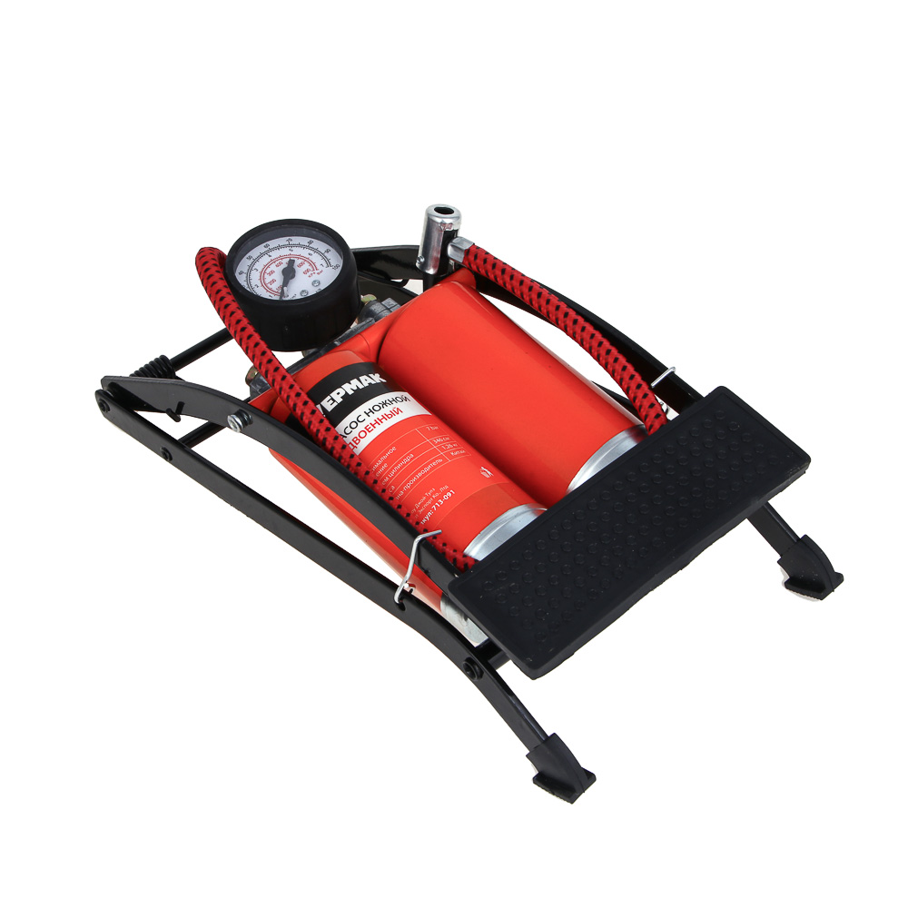 ЕРМАК Насос ножной, сдвоенный, манометр, 2x55x120мм, красный, Дабл, арт.№ 713-091